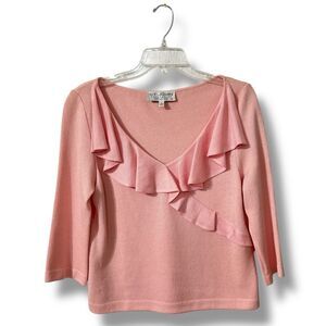 St. John by Marie Gray V-Neck Ruffle Quarter Sleeve Knit Top Size 8